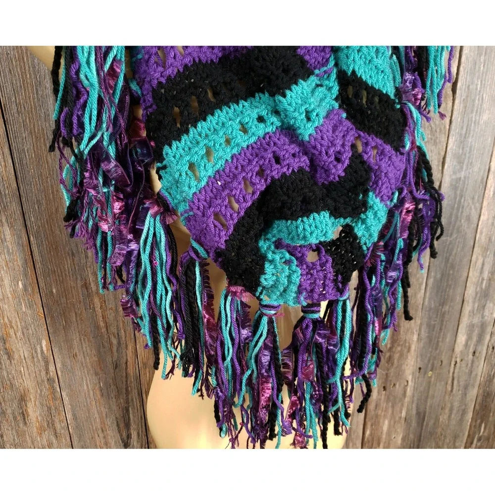 NEW Hand Knitted Purple Black Green Boho Cowl‎ Scarf Indie Festival Art Whimsy